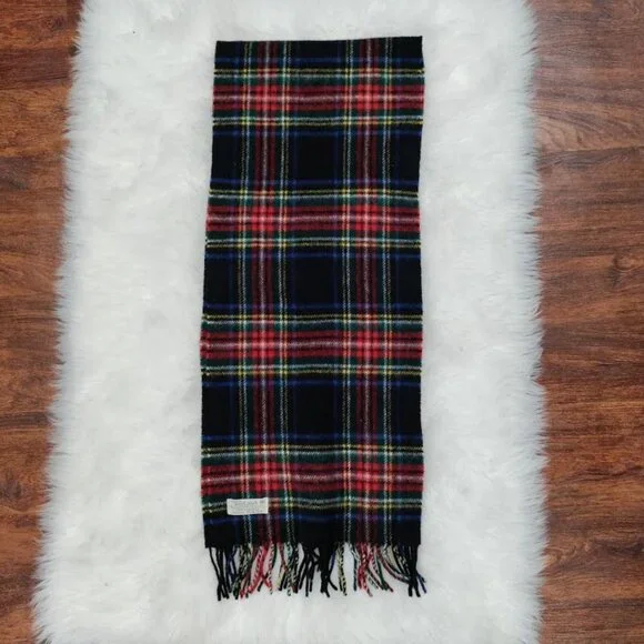 Jonh Hanly Black Stewart Tartan Fringe Rectangular Mens Scarf Made in Ireland - Picture 2 of 5